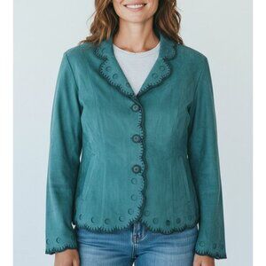 Beverly Hills Teal Suede Button-Up Jacket With Scalloped Trim & Decorative Cutou